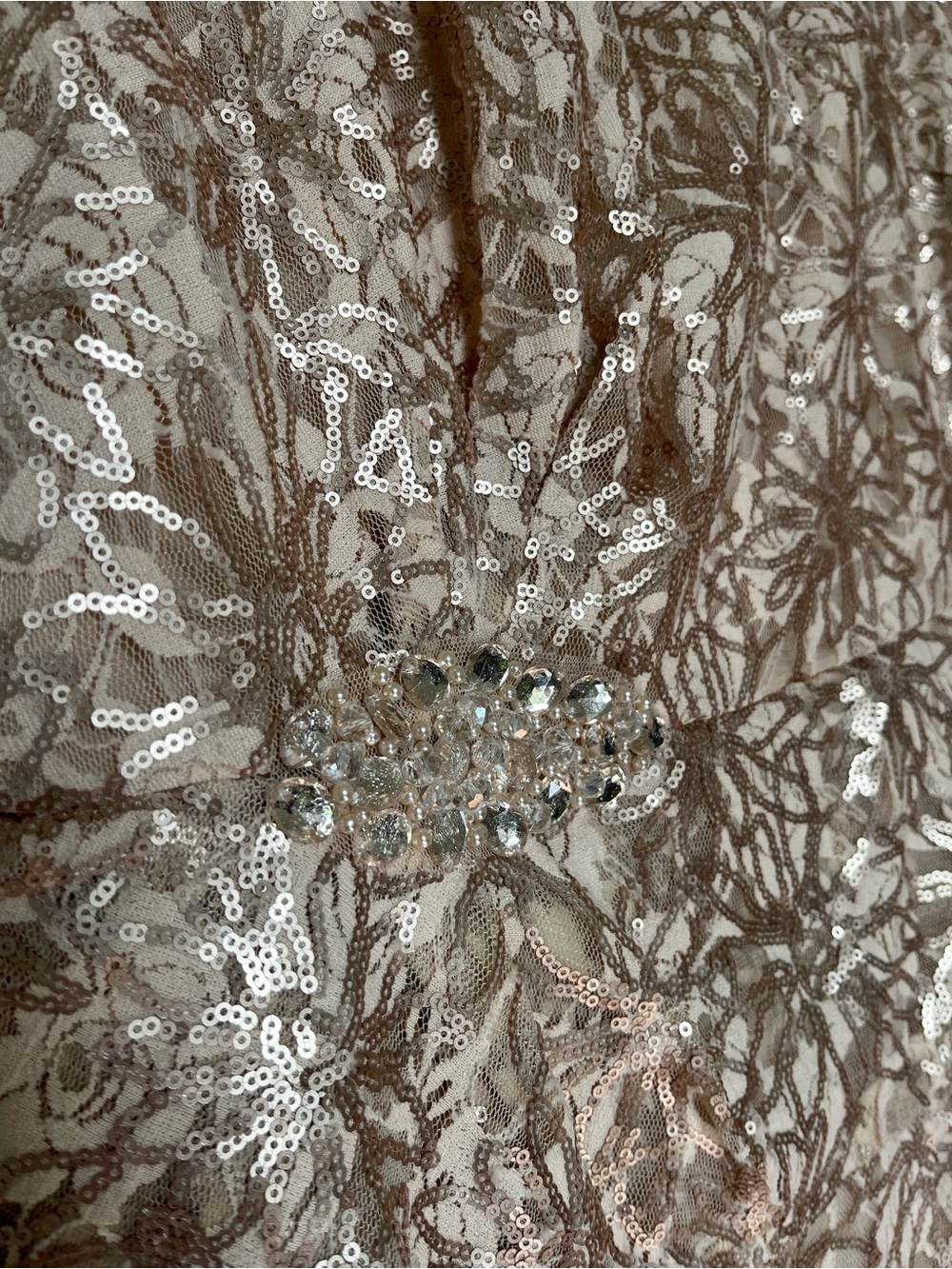 Rose Gold Sequin Lace Midi Dress with V-Neck and Embellished Waist - Picture 2 of 2